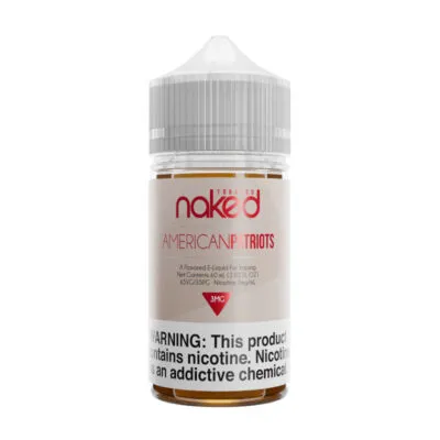 Naked 100 Tobacco American Patriots e-liquid bottle, warning label at the bottom.