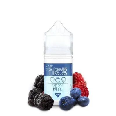 E-liquid bottle labeled "Naked 100 Very Cool Salt" with blackberries, raspberries, and blueberries around it.