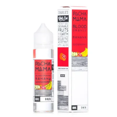 Pachamama vape juice bottle and box with blood orange, banana, and gooseberry flavors.