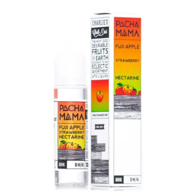 Pachamama e-liquid with Fuji Apple, Strawberry, Nectarine flavor; bottle and box displayed side by side.