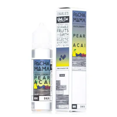 Pachamama Huckleberry Pear Acai e-liquid bottle next to its colorful packaging.