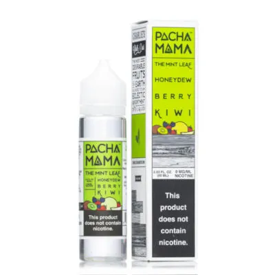 Pachamama The Mint Leaf vape juice bottle and packaging, featuring honeydew, berry, and kiwi flavors, nicotine-free.