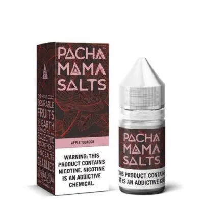 Pachamama Salts Apple Tobacco e-liquid bottle and box, nicotine warning visible.