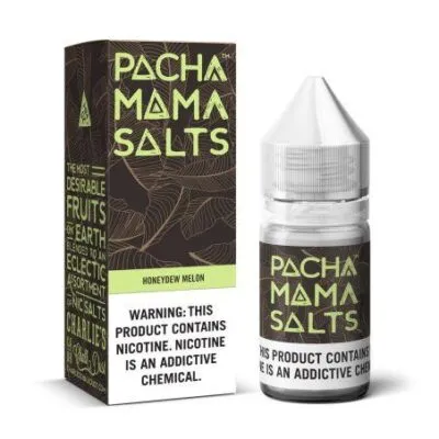 Pachamama Salts Honeydew Melon e-liquid bottle and packaging with nicotine warning.