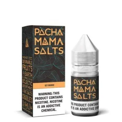 Pachamama Salts Icy Mango e-liquid bottle and box with nicotine warning label.