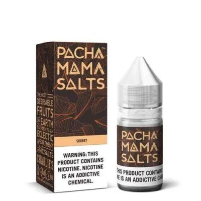 Pachamama Salts Sorbet e-liquid bottle and packaging with nicotine warning label.