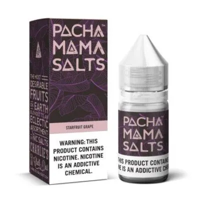 Pachamama Salts Starfruit Grape e-liquid bottle and packaging with nicotine warning.