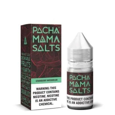 Pachamama Salts Strawberry Watermelon vape juice bottle and box with nicotine warning label.
