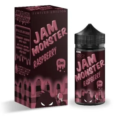 Jam Monster Raspberry 100ml e-liquid bottle and box with dripping raspberry design and limited edition label.