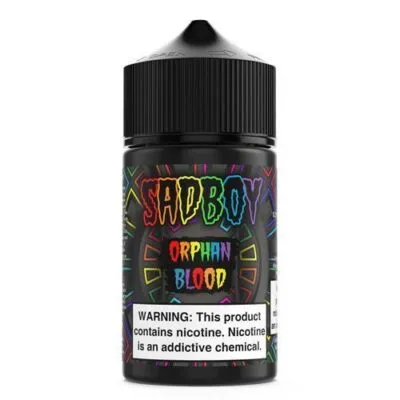 SADBOY Orphan Blood 60ML eLiquid bottle with warning label about nicotine addiction.
