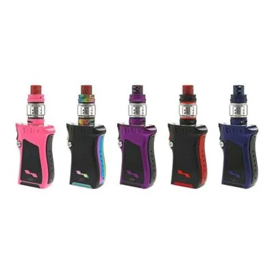 Five SMOK MAG kits in pink, rainbow, purple, red, and blue, each with a vape tank on top.