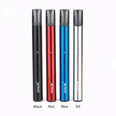 Four SMOK SLM vape pens in black, red, blue, and silver on a plain background.