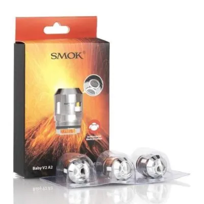 SMOK Baby V2 A2 replacement coils packaging with three coils displayed in front.