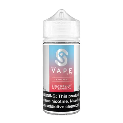 USA Vape Lab Strawberry Watermelon Menthol vape juice bottle, 100ml size, with nicotine warning.