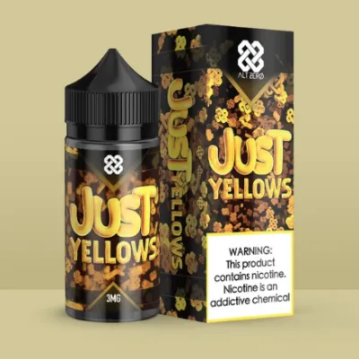 E-liquid bottle and box labeled "Just Yellows" with nicotine warning.