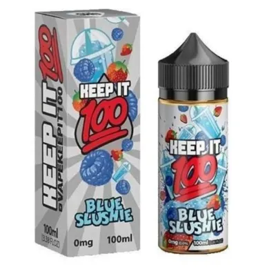 Keep It 100 Blue Slushie e-liquid bottle and box with imagery of blue raspberries and strawberries.