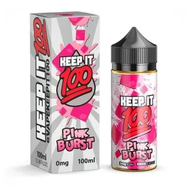 E-liquid bottle labeled "Keep It 100 Pink Burst" next to its matching packaging box.