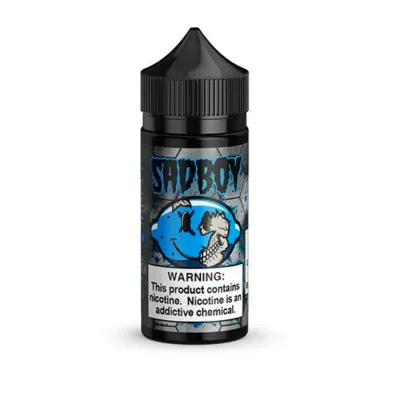 Sadboy Blueberry e-juice bottle with a warning label about nicotine content.
