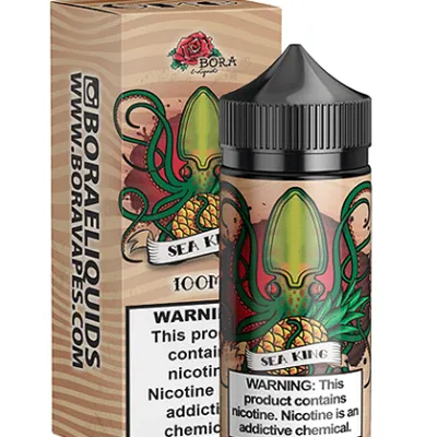 Vape juice bottle labeled "Sea King" with octopus design and pineapple, beside its matching box.