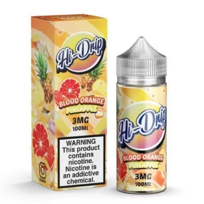 Hi-Drip Blood Orange Pineapple e-liquid bottle and box, 3mg nicotine, 100ml size, product warning label visible.