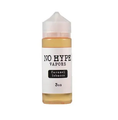 No Hype Vapors bottle labeled Caramel Tobacco, 120mL, 3mg strength.