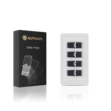 Alpsvape GR8-Pod packaging and four vape pods in a tray.