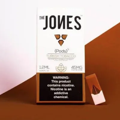 E-cigarette packaging displaying "The Jones" Turkish Tobacco pods with nicotine warning.