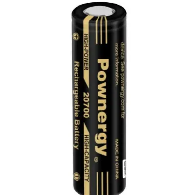 Powerful cylindrical battery labeled "Pownergy 20700 3000 mAh 30A," high-capacity rechargeable.