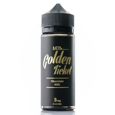 MET4 Golden Ticket chocolate milk flavored 120ml e-liquid bottle, 3mg nicotine strength.