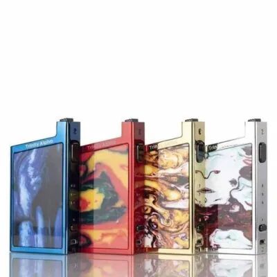 Four Smok Trinity Alpha pod systems in blue, red, gold, and silver with vibrant abstract designs.
