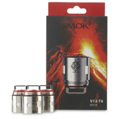 Smok V12-T6 Coil with packaging featuring fiery volcano graphic, three coils displayed in front.