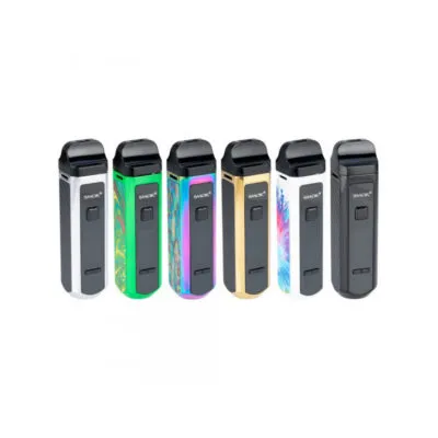 Six Smok RPM40 kits in various colors, each with a screen and dual buttons, arranged in a row.
