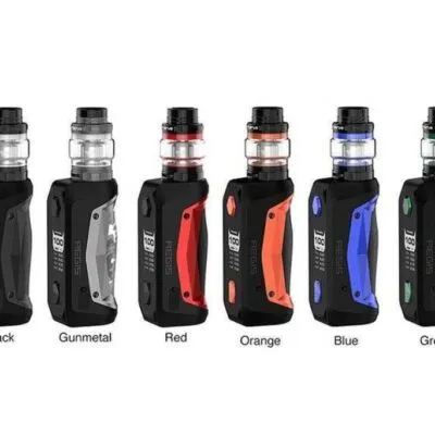 Six colored vape devices lined up: black, gunmetal, red, orange, blue, green.