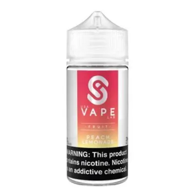 USA Vape Labs Peach Lemonade 100ml bottle, labeled with nicotine warning.