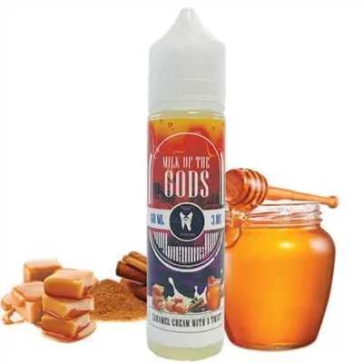 Vape bottle labeled "Milk of the Gods", with caramel, cinnamon, and honey in the background.