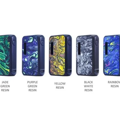 Five Vapmod Dragoo Mods in jade green, purple green, yellow, black white, and rainbow resin designs.