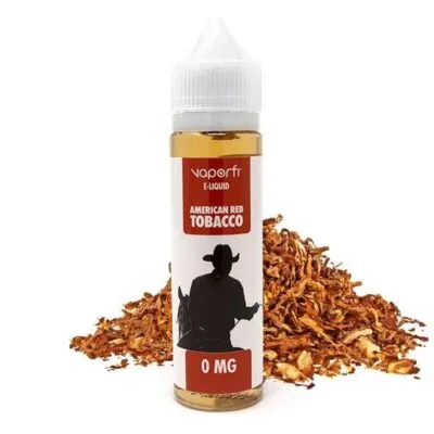 VaporFi American Red Tobacco E-liquid bottle with loose tobacco leaves, 0mg nicotine.