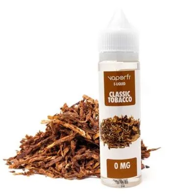 VaporFi Classic Tobacco E-liquid bottle (60mL) with tobacco leaves, labeled 0 mg nicotine.