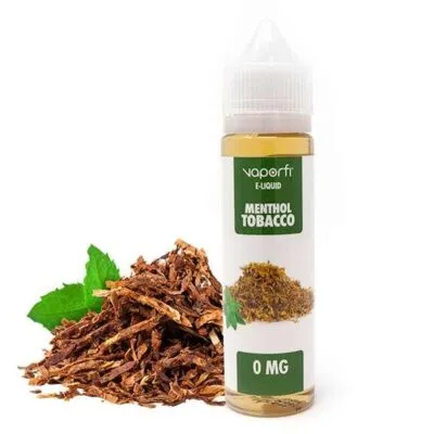 VaporFi Menthol Tobacco E-liquid bottle (60mL) with loose tobacco leaves and mint leaf.