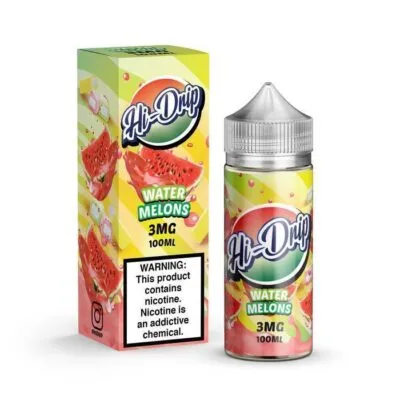 Hi-Drip Water Melons vape juice packaging, featuring a 100ml bottle and box with watermelon imagery and nicotine warning.