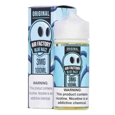 Air Factory Blue Razz ejuice bottle and box, 3mg nicotine, 100ml.