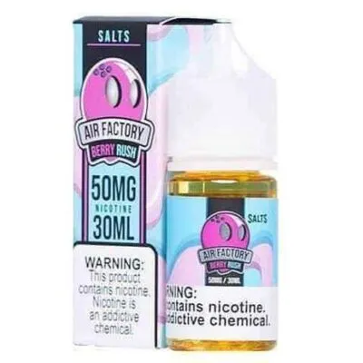 Air Factory Berry Rush e-juice bottle, 30ml, 50mg nicotine, with packaging displaying brand logo and warning labels.