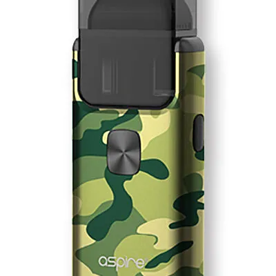 Camouflage-themed electronic vape device with a rectangular shape and button, branded with "aspire".