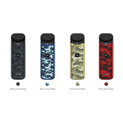 Four vapes with camouflage designs: black, blue, gold, and red.