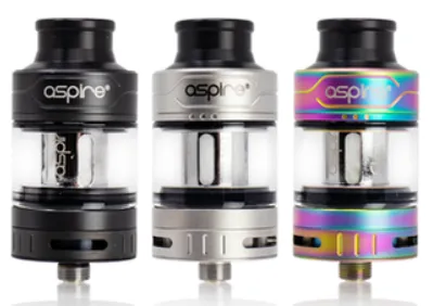 Three Aspire Cleito 120 vape tanks in black, silver, and rainbow colors on a white background.