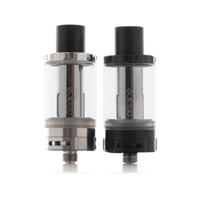Aspire Cleito vape tanks, stainless steel and black, side by side.