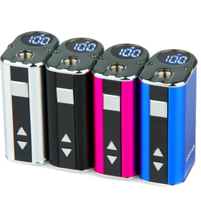 Four colorful Eleaf iStick Mini vape mods aligned, featuring digital screens and control buttons.
