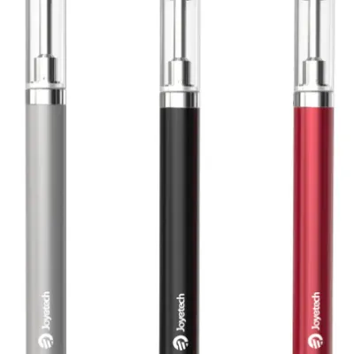 Three eRoll vape pens in silver, black, and red, branded Joyetech, with transparent tanks.