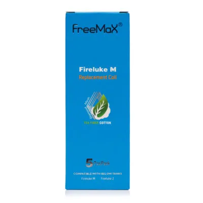 Freemax Fireluke M replacement coil box, 5-pack, with tea fiber cotton mention.