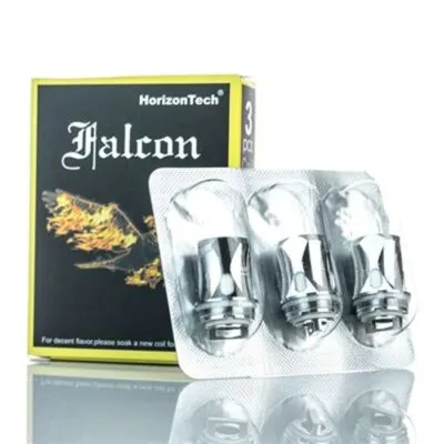 HorizonTech Falcon Coils 3-pack with packaging and three metal coils in a blister pack.